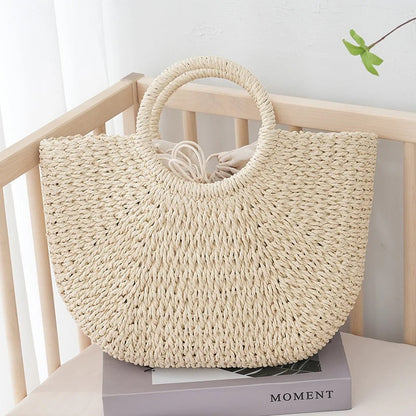 Summer Half-moon Straw Bag For Women Handmade Portable Handbag Large Capacity Beach Bag Basket Woven Top-handle Bag Purse Totes